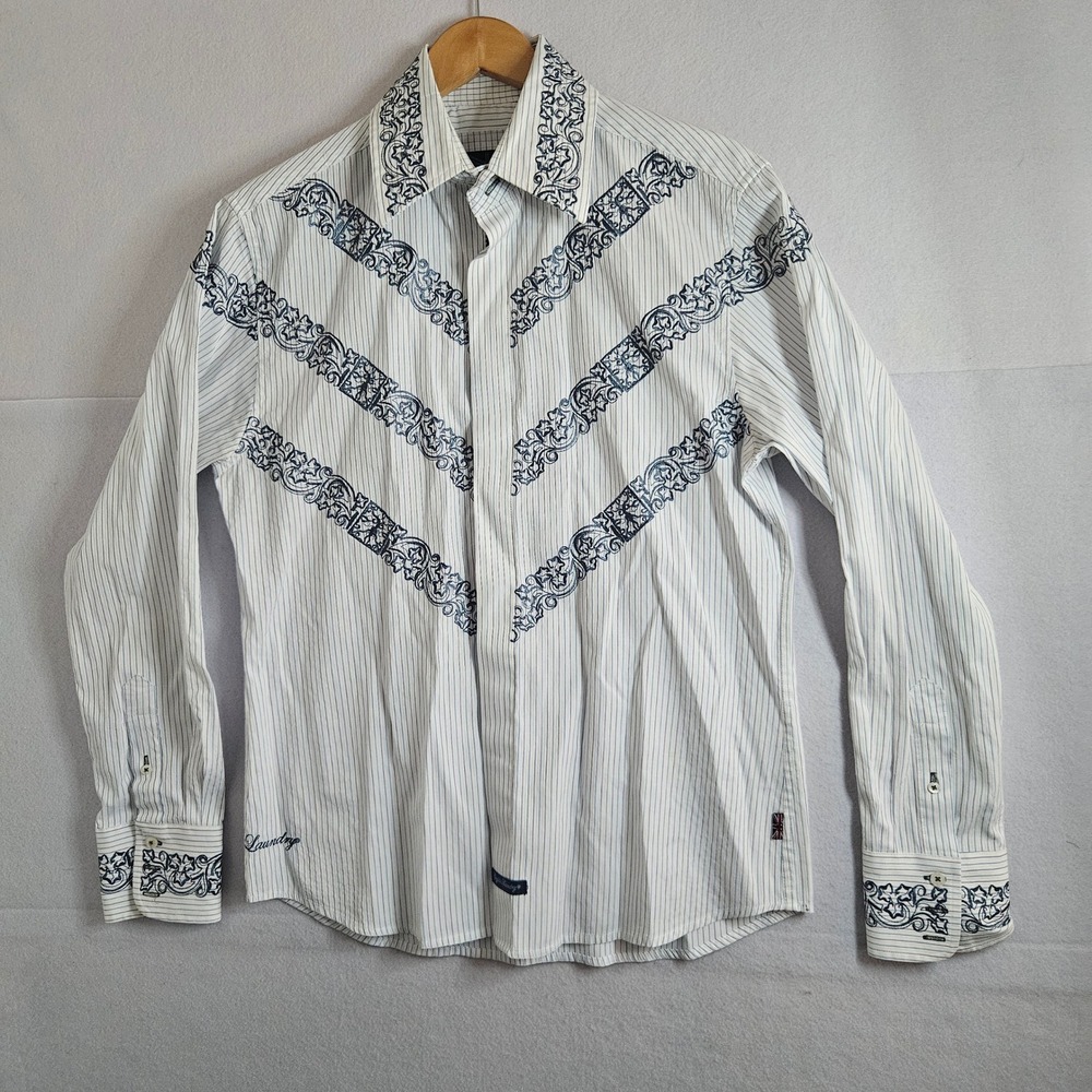 English Laundry Mens Medium White Striped Embroidered Button Down Shirt Navy